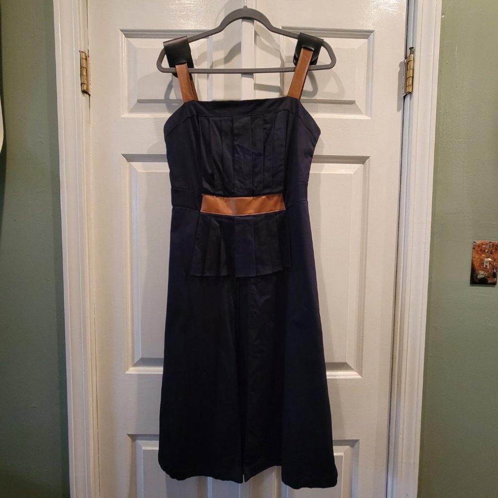 Overall dress with vegan leather details and pleated stretch cotton 40 s/m